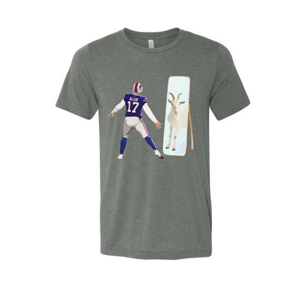 Dark gray tshirt with Josh Allen looking in mirror of goat reflection image on front. Little Gift Nook