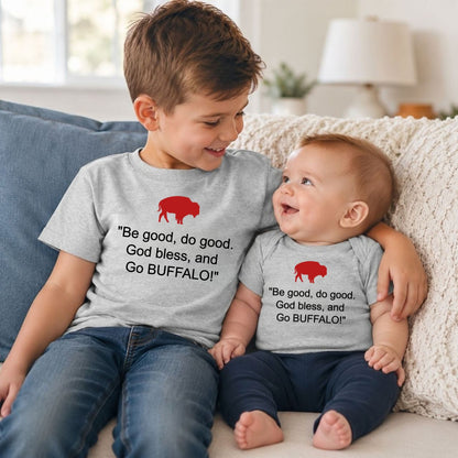 Little boy with baby brother on a couch wearing gray red buffalo tshirts with quote "Be good, do good, God bless, and go Buffalo!" on fronts.