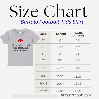 Size chart graphic for a Buffalo Football kids' t-shirt, showing a small gray graphic tee with a red buffalo and quote on the left, next to a size table listing sizes 2T through 14-16 with length and width measurements.