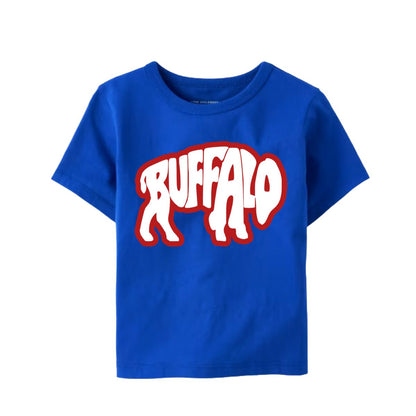 A royal blue short-sleeve t-shirt with a large 'BUFFALO' graphic printed across the chest in white with a red outline as the letters in shape of a buffalo, displayed on a solid white background.