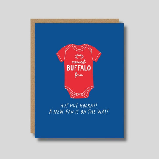 Greeting card in blue with red baby onesie graphic and text "newest Buffalo fan" with brown envelope on gray background Little Gift Nook