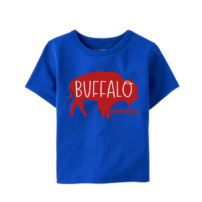 A royal blue short-sleeve t-shirt with a red bison graphic and the words 'BUFFALO FOOTBALL' printed on the front, displayed against a solid white background.