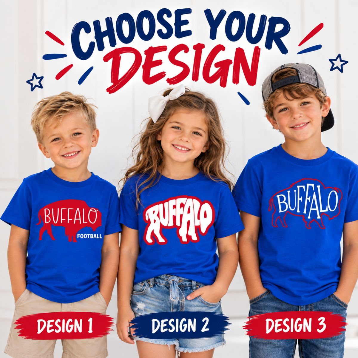 Three children wearing blue Buffalo Football t-shirts with different red and white logo designs, under a graphic header that reads 'CHOOSE YOUR DESIGN' with 'Design 1', 'Design 2', and 'Design 3' labels.