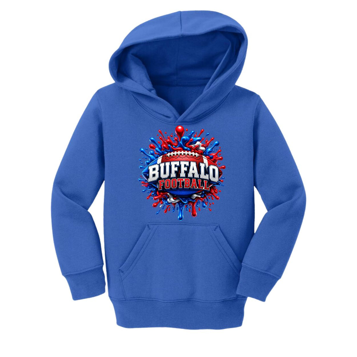 A royal blue kids' pullover hoodie with a 'Buffalo Football' graphic on the chest, featuring a red, white, and blue paint splatter design with a football motif.