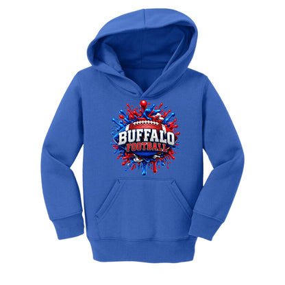 A royal blue kids' pullover hoodie with a 'Buffalo Football' graphic on the chest, featuring a red, white, and blue paint splatter design with a football motif.