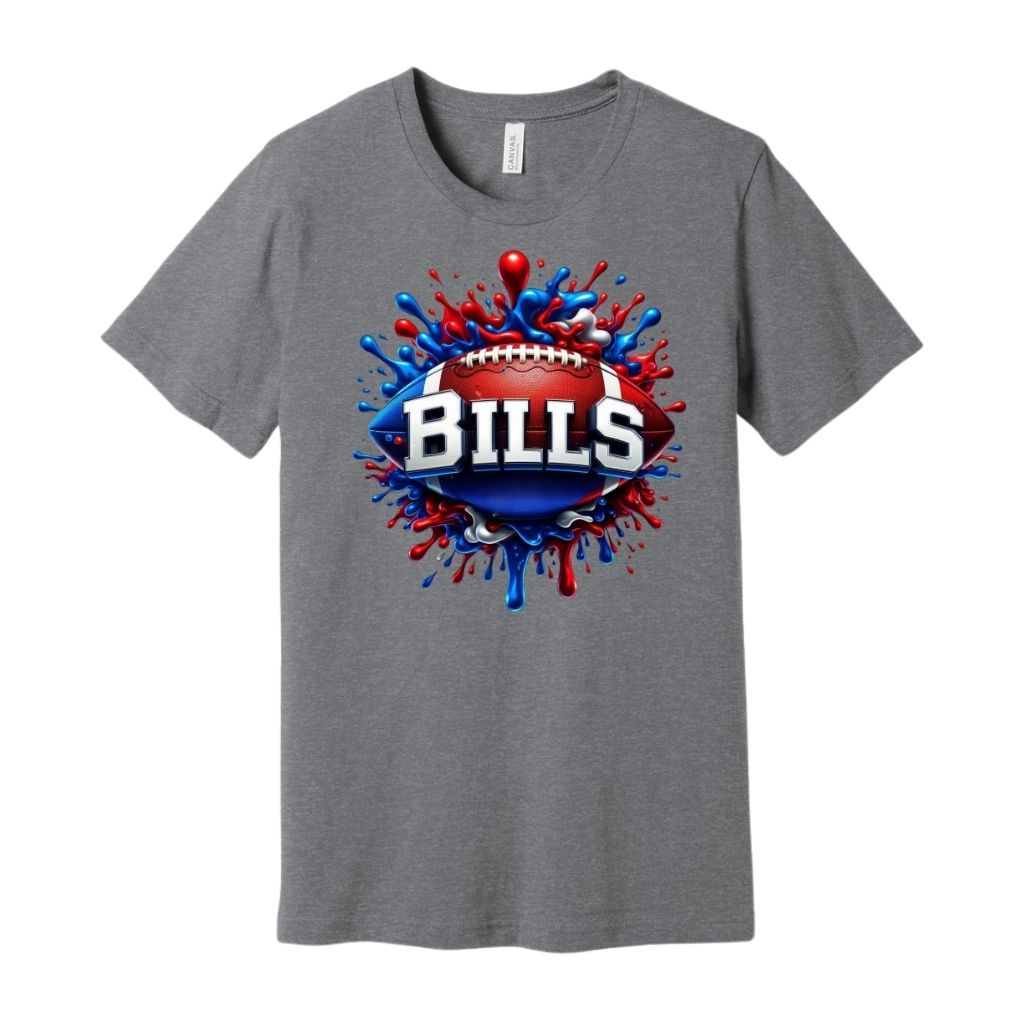 Stone heather gray t-shirt with red and blue splatter paint Buffalo football image on front laying on white background. 