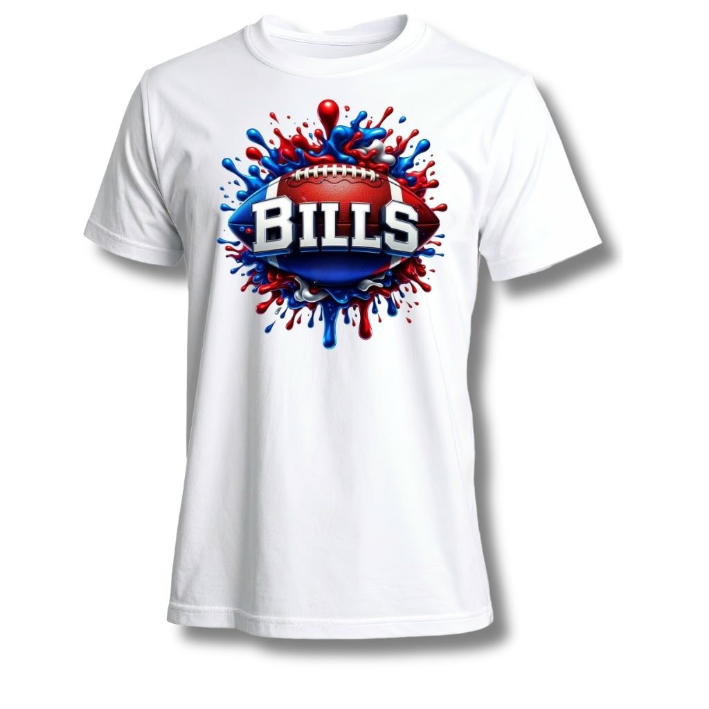 white t-shirt with red and blue splatter paint Buffalo football image on front laying on white 