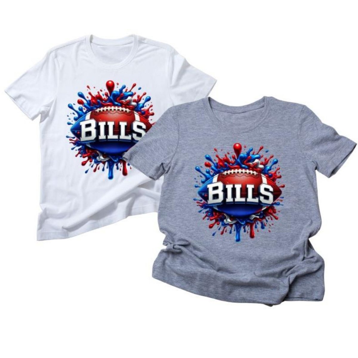 White and Gray tshirts with red and blue splatter paint Buffalo football design on fronts sitting on white background.