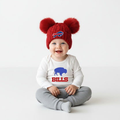 Buffalo football red double pom baby toddler winter hat on baby sitting on white background. Little Gift Nook