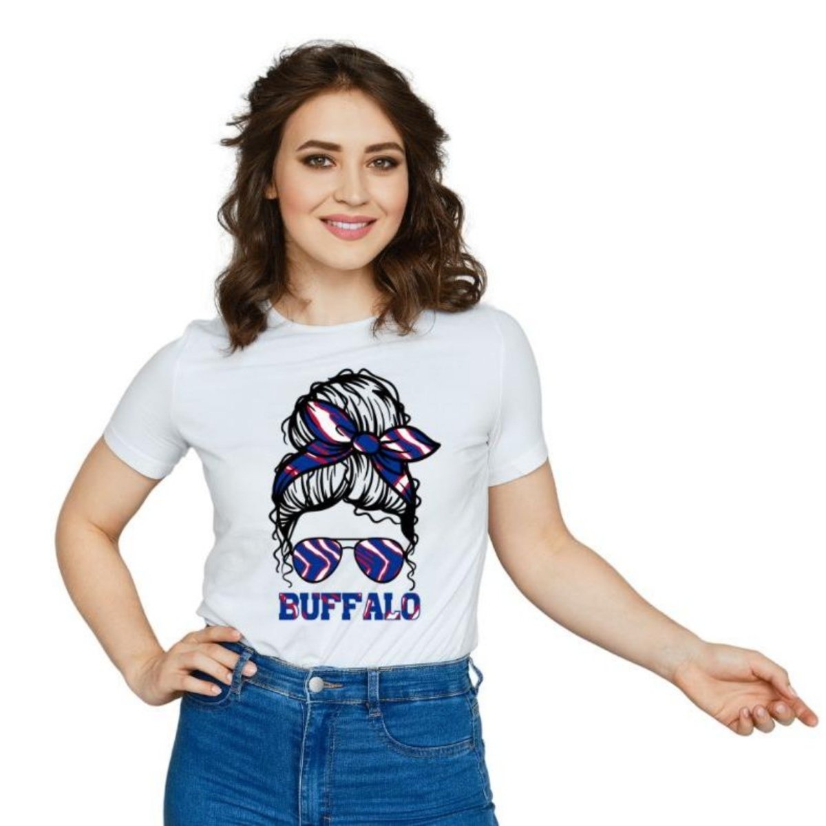 woman wearing white tshirt with buffalo red white blue messy bun sunglasses image on front. 