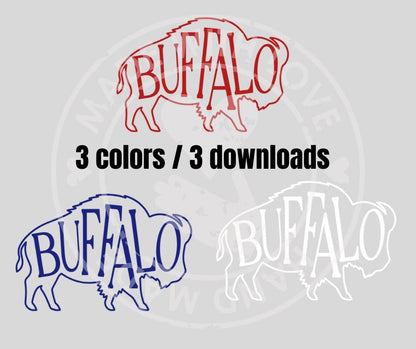 red, blue, and white buffalo outline shape with same color text "BUFFALO" inside with watermark on light gray background.
