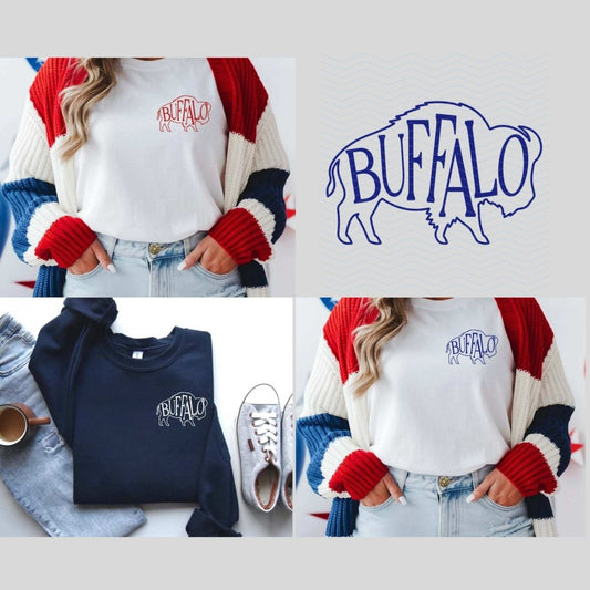 Buffalo Silhouette image on T-Shirt or Sweatshirt for Game day football shirts in white or navy. - Little Gift Nook