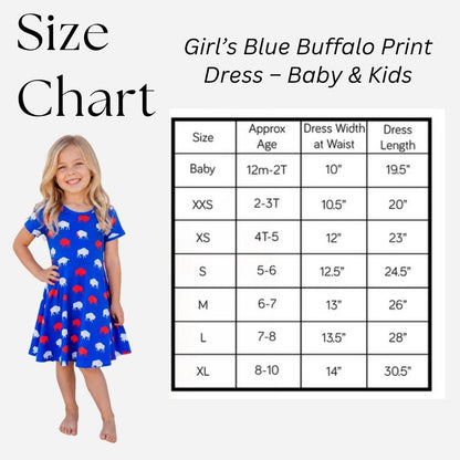 Size chart for a girl's blue buffalo print dress with a child model wearing the dress.