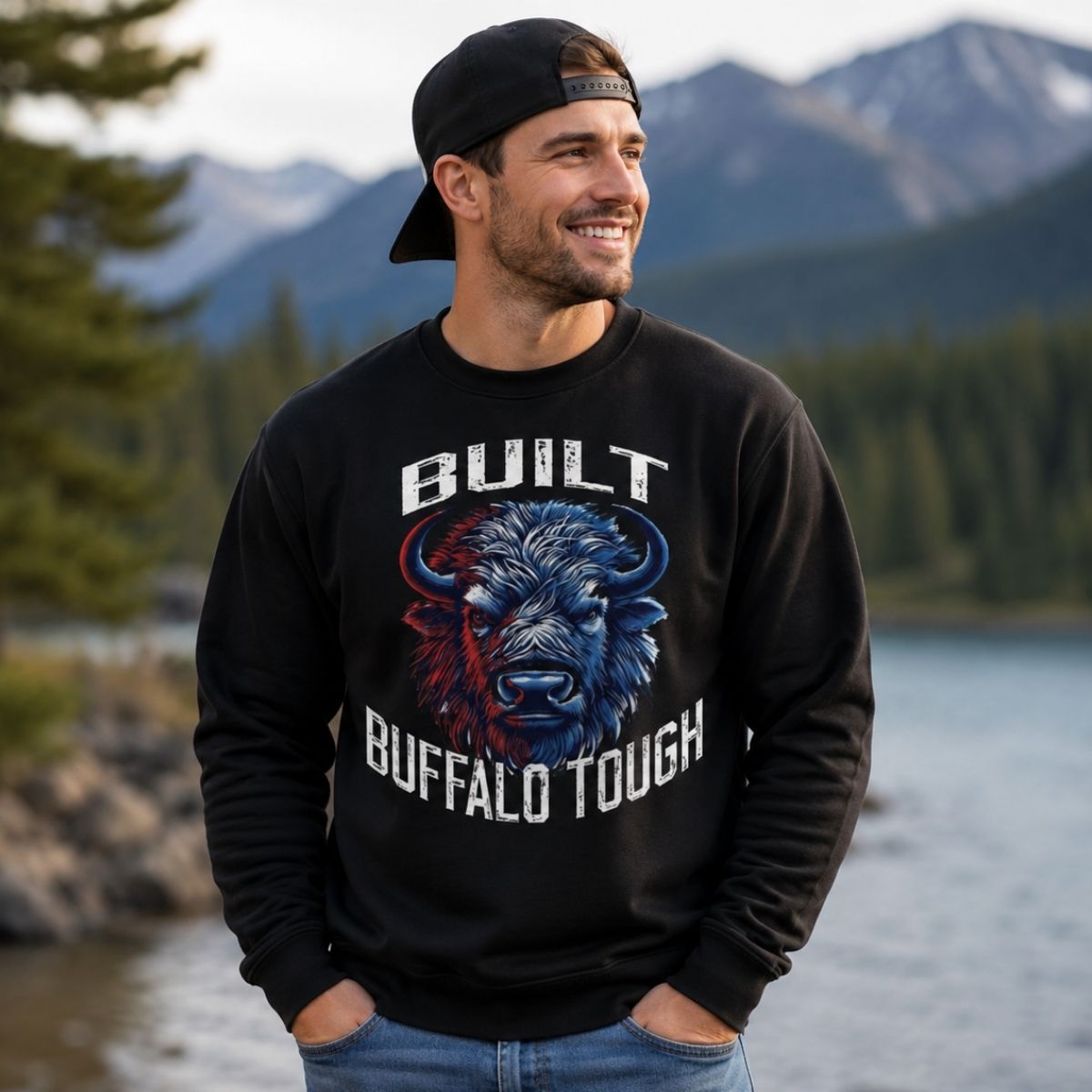 Man wearing a black sweatshirt with a buffalo face in blue and red and text "Built Buffalo Tough" on front, standing in a scenic outdoor setting.