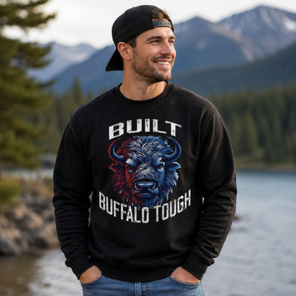 Man wearing a black sweatshirt with a buffalo face in blue and red and text "Built Buffalo Tough" on front, standing in a scenic outdoor setting.