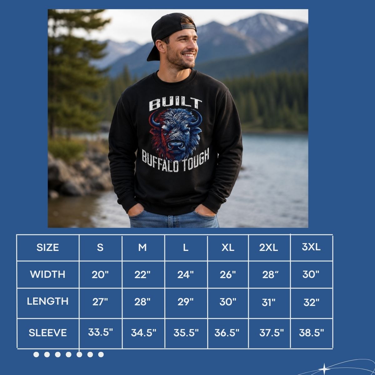 Size chart for black "Built Buffalo Tough" black sweatshirt.