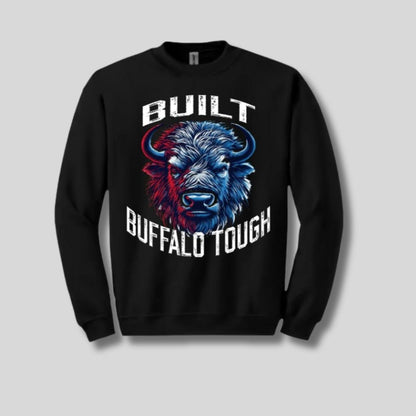 Black Built Buffalo Tough red and blue buffalo image sweatshirt sitting on white background. Little Gift Nook
