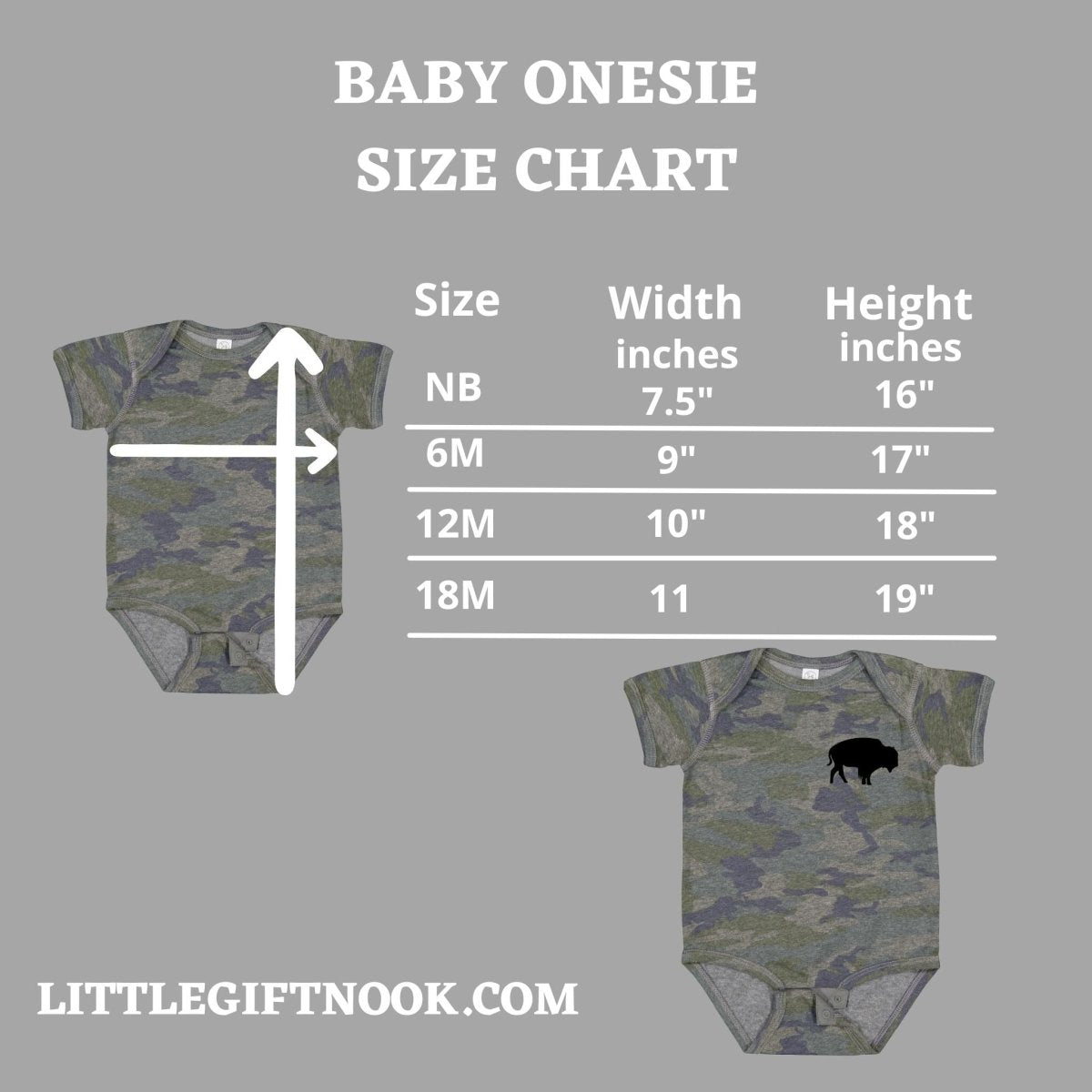 Distressed Camo Buffalo onesie size chart
