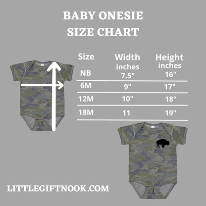 Distressed Camo Buffalo onesie size chart