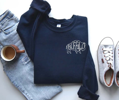 Buffalo Silhouette navy sweatshirt with white buffalo silhouette and BUFFALO white text inside at top left of shirt - Little Gift Nook