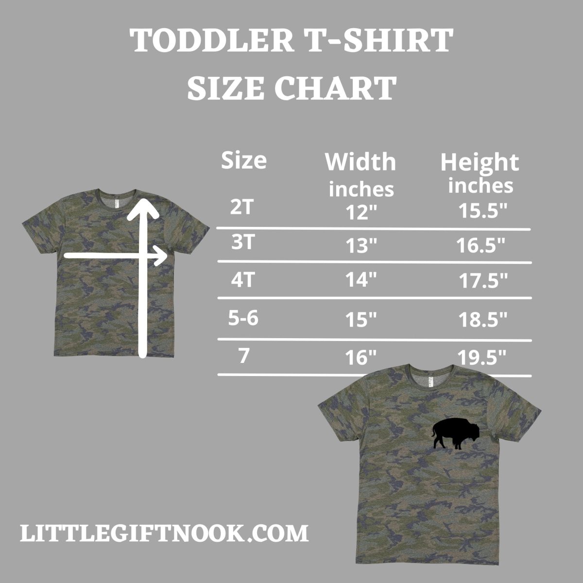 Distressed Camo Buffalo T-Shirt toddler size chart