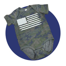 Load image into Gallery viewer, Baby green navy camo distressed bodysuit with white american flag on front chest.