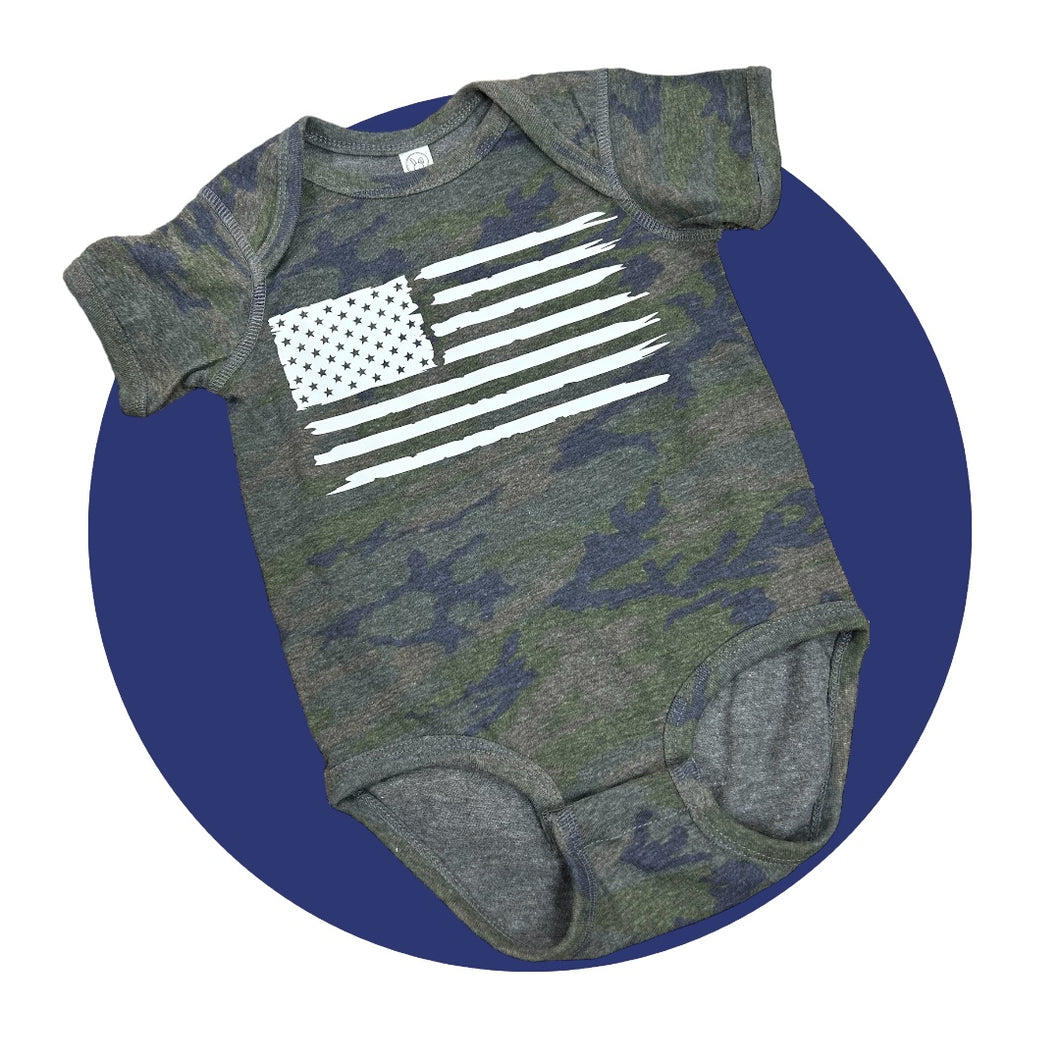 Baby green navy camo distressed bodysuit with white american flag on front chest.