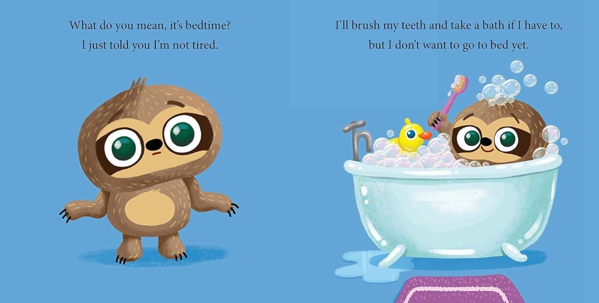 Inside Can you put me to bed children's book bath time for sloth. 