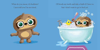 Inside Can you put me to bed children's book bath time for sloth. 