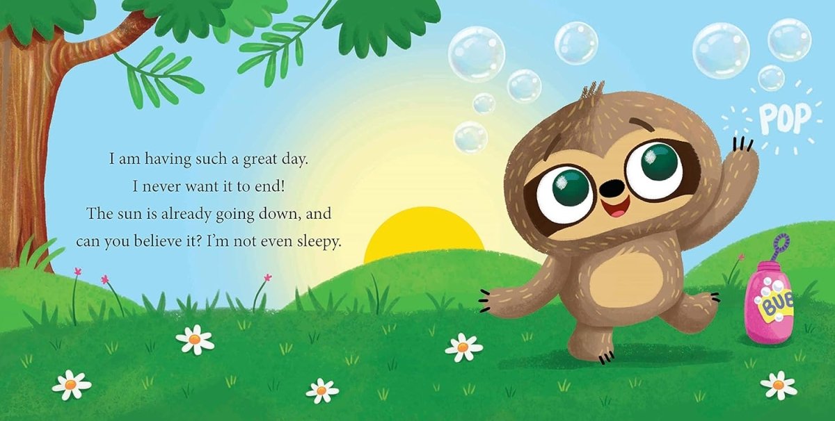 Inside Can you put me to bed children's book with sloth playing with bubbles.