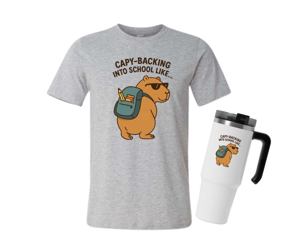 Gray tshirt or white water bottle tumbler with capybara backpack back to school image on front of them. 