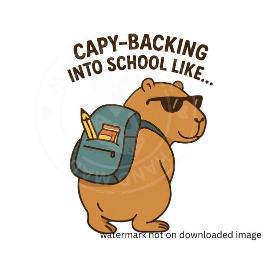 Capybara wearing sunglasses and backpack and text says "CAPY-BACKING INTO SCHOOL LIKE..." above image. Little Gift Nook