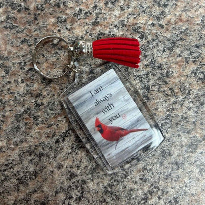 Clear plastic double sided Cardinal Always with you Keychain 2" with Red Tassel Memorial Remembrance - Little Gift Nook
