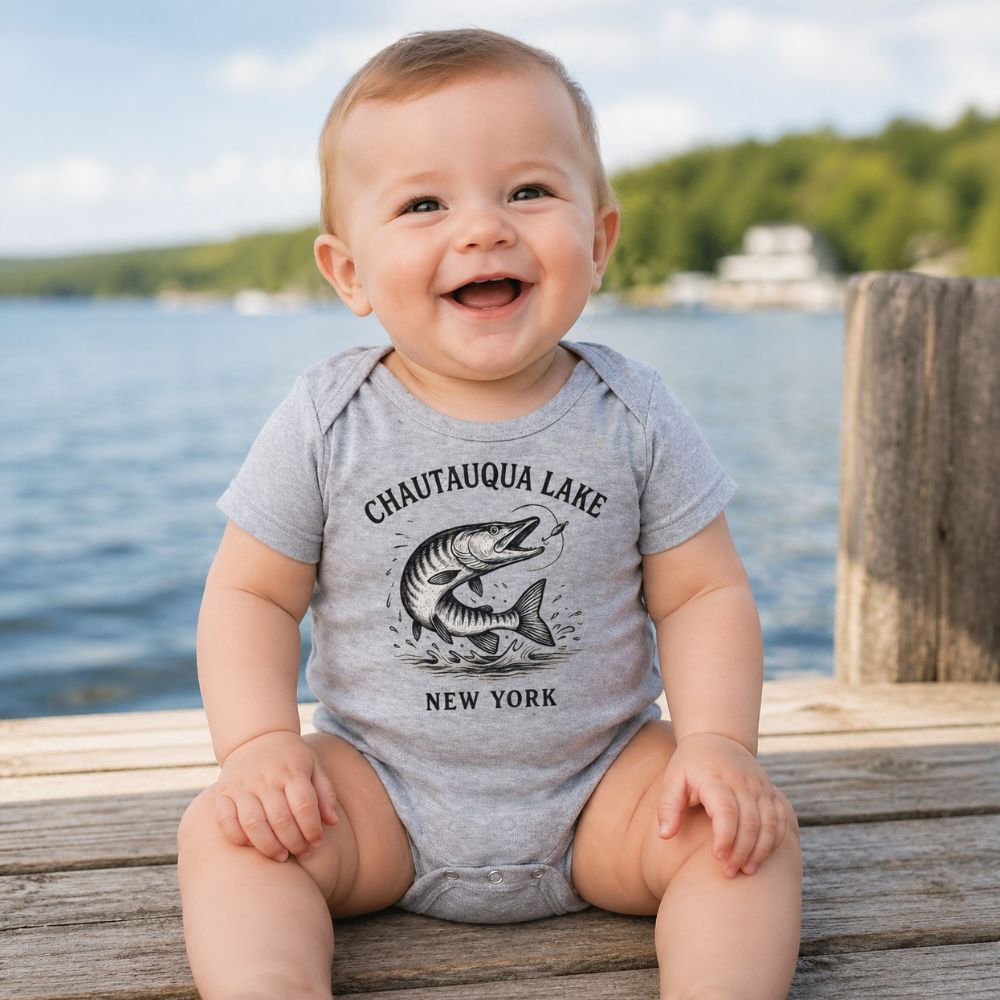 Baby wearing heather gray muskie fish Chautauqua Lake onesie sitting on dock by water. 