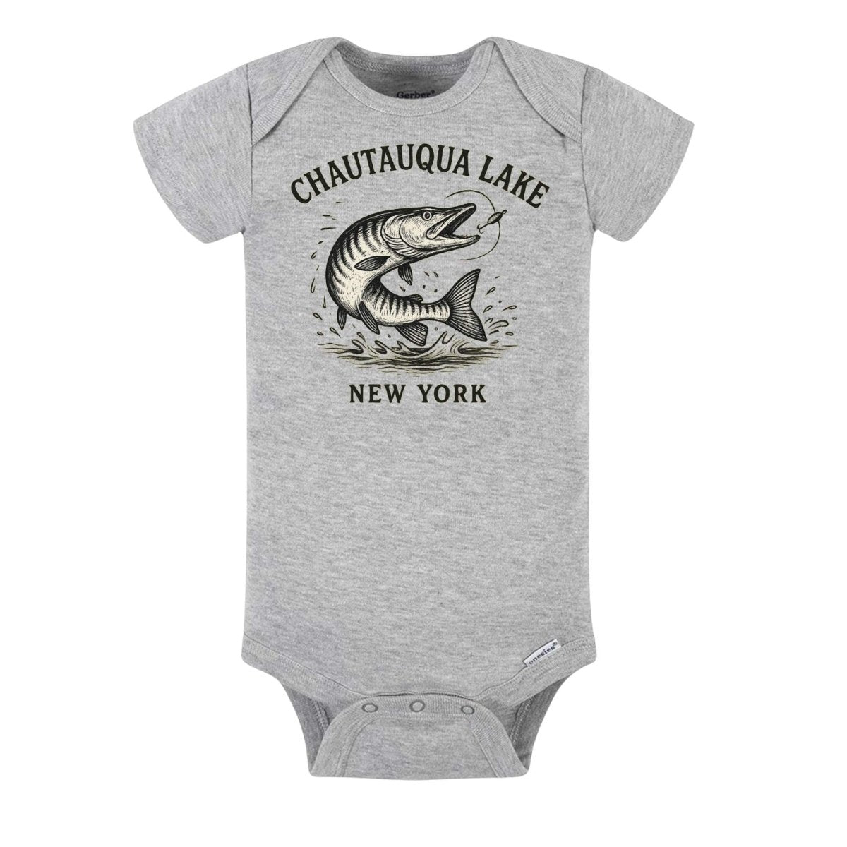 Heather gray Chautauqua Lake muskie baby onesie witting on white background.