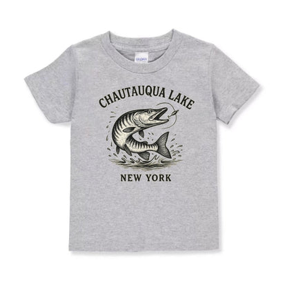 Kids gray Chautauqua Lake muskie fish tshirt on a white background.