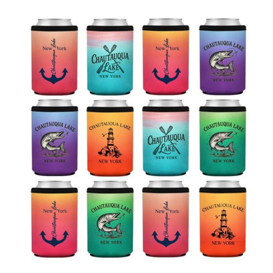 Colorful Ombre Chautauqua Lake designs can koozies for the lake. 4 colors with different fish, anchors, paddles, and lighthouse designs on fronts. Little Gift Nook