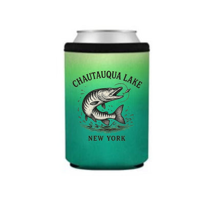 Can cooler in green ombre with Chautauqua Lake, New York and muskie image on front.