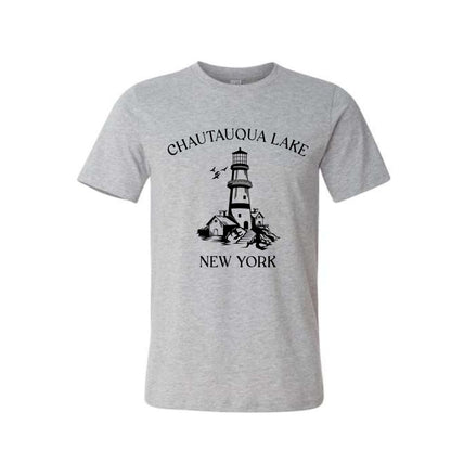 kids gray t-shirt with a lighthouse graphic and 'Chautauqua Lake New York' text in black.