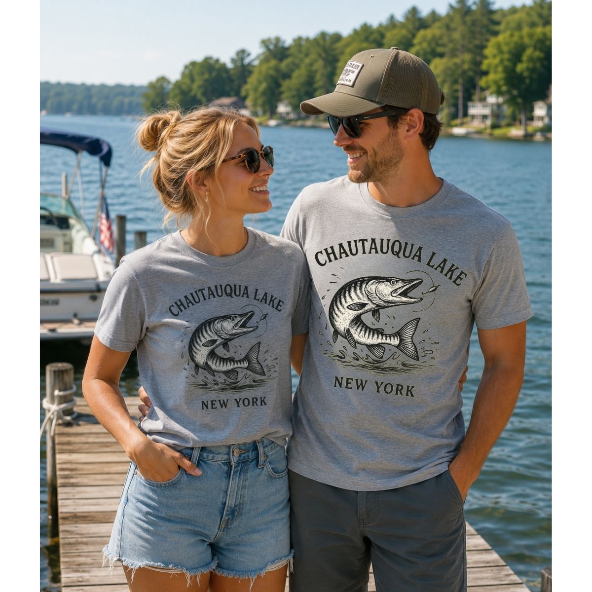 Couple wearing heather gray Chautauqua Lake New York Muskie t-shirts standing by lake on a dock - Little Gift Nook