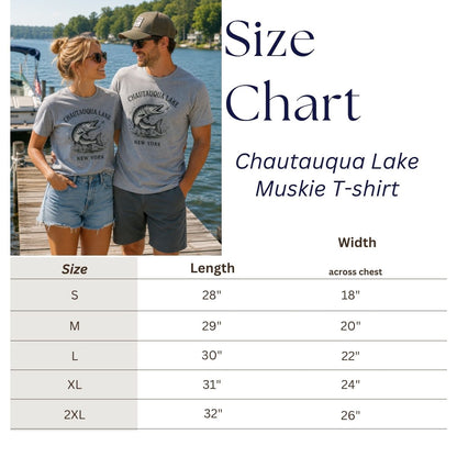 Size chart for Chautauqua Lake New York Muskie t-shirt with image of couple wearing the shirt. 