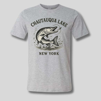 Heather gray "Chautauqua Lake New York" Muskie fish t-shirt on a light gray background - Little Gift Nook.