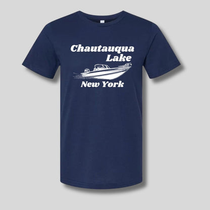 Navy tshirt with white sketched boat and "Chautauqua Lake New York" on front sitting on light gray background.