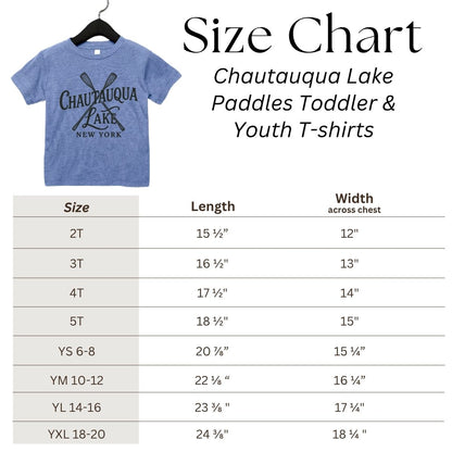 Size chart for Chautauqua Lake Paddles Toddler & Youth T-shirts with a blue Chautauqua Lake Paddles t-shirt on a hanger.