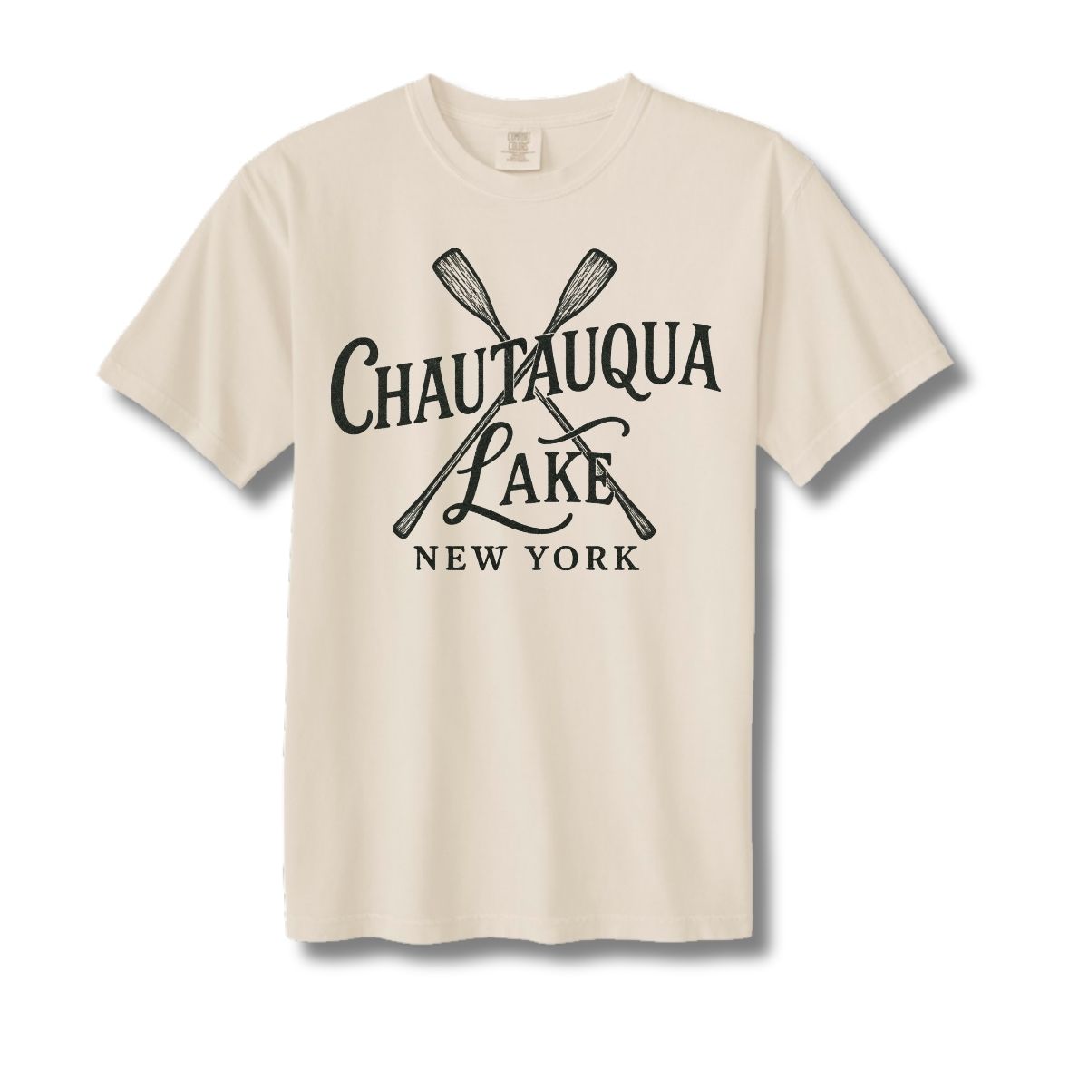 Beige t-shirt with 'Chautauqua Lake, New York' text and sketched paddle design on a white background - Little Gift Nook