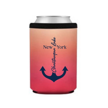 Can cooler in pink ombre with Chautauqua Lake, New York and navy anchor image on front.
