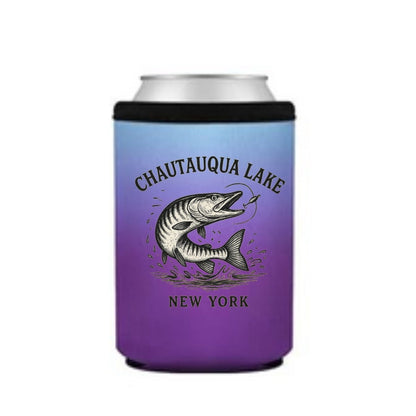 Can cooler in purple ombre with Chautauqua Lake, New York and muskie image on front.