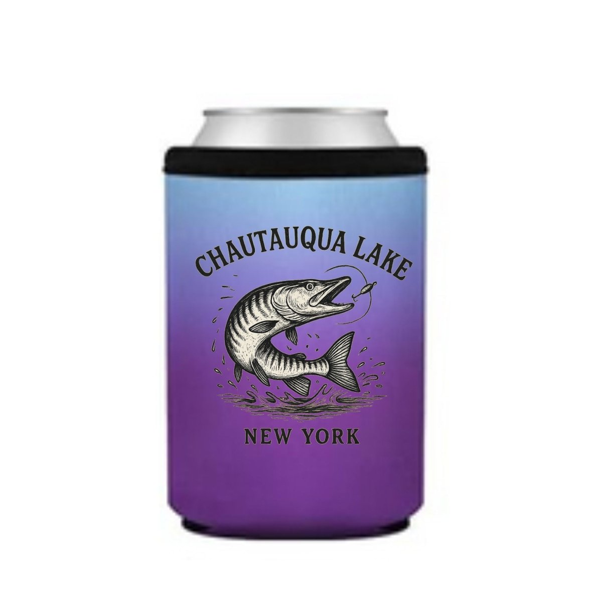 Can cooler in purple ombre with Chautauqua Lake, New York and muskie image on front.