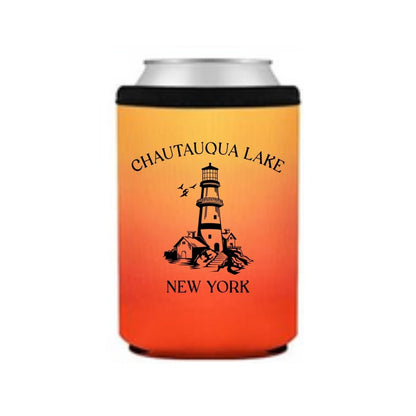Can cooler in orange ombre with Chautauqua Lake, New York and lighthouse image on front.