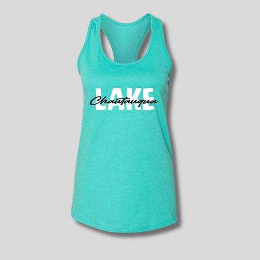 Turquoise teal tank top with 'Lake Chautauqua' text on front on a gray background - Little Gift Nook